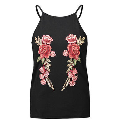 

Women Strap Vest Short Tanks Halter Floral Embroidery Rose Sleeveless Camis
