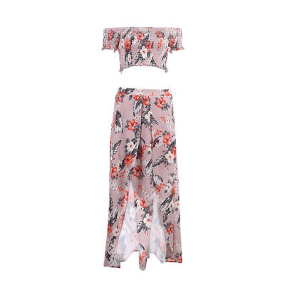

2pcsset Floral Printed Women off Shoulder Crop Top Vest Split Long Skirt