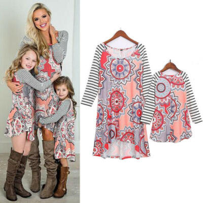 

Women Girl Mother And Daughter Casual Long Sleeve Striped Floral T Shirt Dress