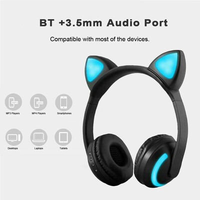 

ZW-19 Wireless Bluetooth Headset Glowing Cat Ear Earphones Stereo Music Headphones Hands-free wMic Colorful Light Adjustable Head