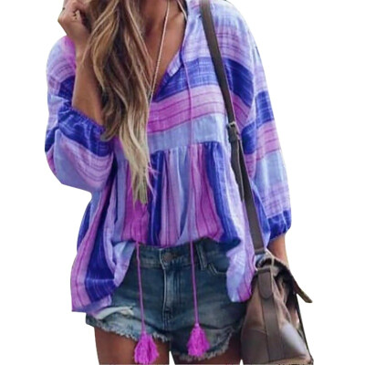 

Stripe Printed V-Neck Casual Blouse Long Flare Sleeve Pullover Shirts Office Ladies Tops Plus Size Women Tops