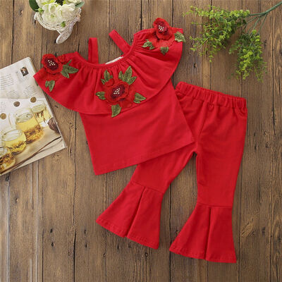

Toddler Kids Baby Girls Floral Off Shoulder Tops Bell-bottoms Pants Outfits