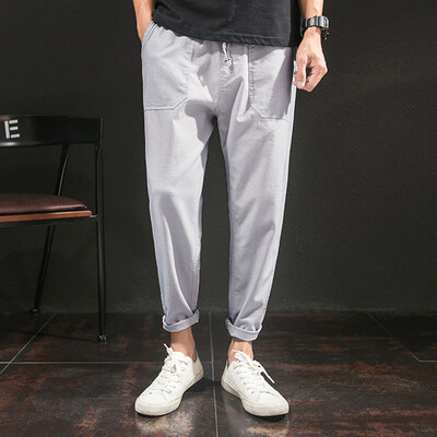 

Gobestart Men Pure Color Trousers Tethers Cotton Linen Nine Points Small Feet Casual Pant