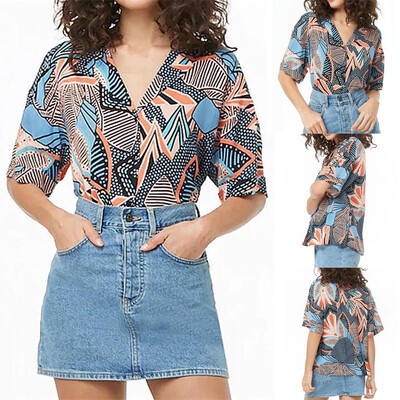 

Roseonmyhand Women V-neck Shirt Casual Short Sleeve Print T Shirt Ladies Blouse