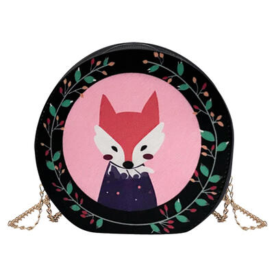 

Cartoon Printed Women Round Shoulder Bags Girls Leather Chain Messenger Bag
