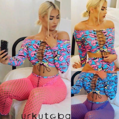 

Women Sexy Lips Off Shoulder 3Pcs Bikini SetFishnet Pants Swimsuit Beachwear Cover Up