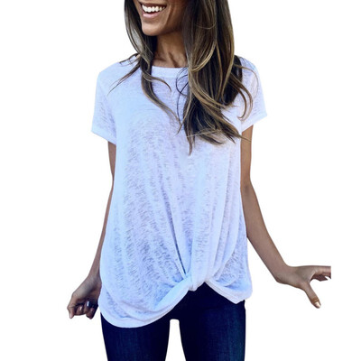 

soft Womens Casual Short Sleeve T-Shirt Round Neck Knot Casual Ladies Fashion Solid Color Tunic Tops Irregular Cotton Shirt