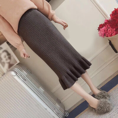 

Womens Autumn & Winter Knitted Long Skirt High Waist Ruffled Slim Bodycon Skirt