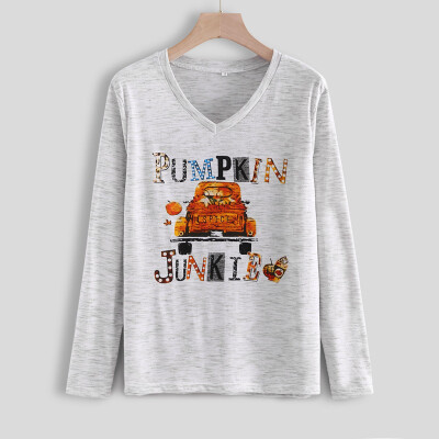 

Tailored Women Long Sleeve Pumpkin Letters Print Loose V-neck T-shirt Halloween Blouse