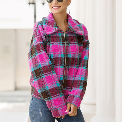 

Womens Plaid Lapel Collar Zipper Jacket Long Sleeves Loose Soft Warm Overcoat