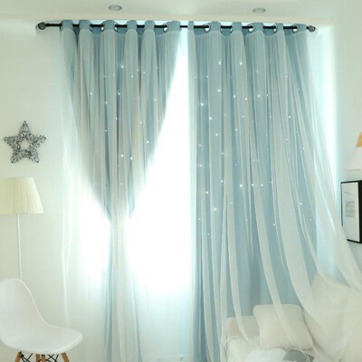 

2 Layers Shading Voile Curtain Window Panel Romantic Stars Hollow Decor 4 Colors