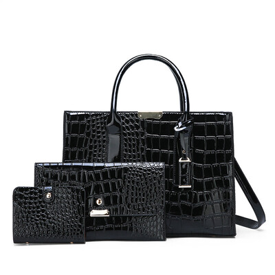 

3 pieces set of luxury patent leather handbags crocodile pattern ladies PU large shoulder slung clutch bag purse handbag