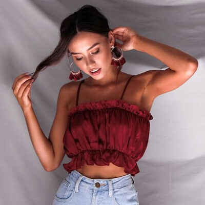 

Sexy Women Crop Top Spaghetti Strap Off the Shoulder Ruffle Tank Tops Short Tee Casual Camis Streetwear