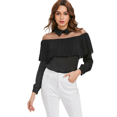 

Sheer Mesh Insert Ruffled Blouse