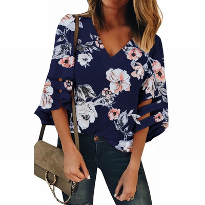 

Vintage printed shirt Womens V-neck speaker seven-point sleeve loose top