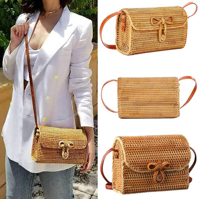 

Tailored Womens Bali Retro Rattan Woven Crossbody Bag Handbag Tote Bag with Bow Clasp