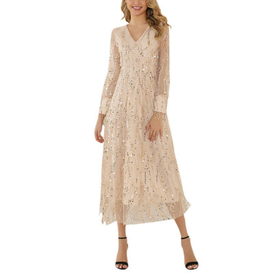 

Women Dress Bohemia Autumn Winter Sexy V Neck Long Sleeve Sequin Bead Fringed Tights Beach Party Maxi Dress Slim Waist Short Skirt