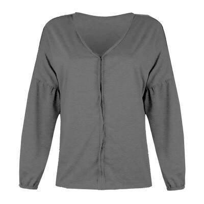 

Women Casual Loose V-Neck Long Sleeve Solid Color Tops T-Shirt Blouse Plus Size