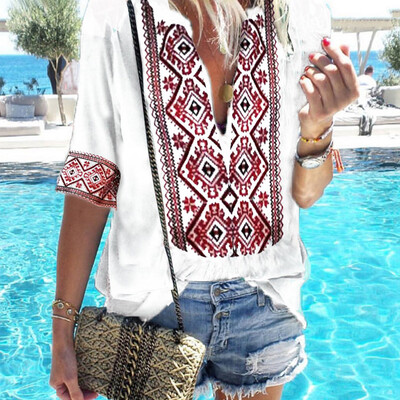 

Nomeni Women Ethnic Style Boho Half Sleeve V-Ncek Vintage Top T-Shirt Blouses