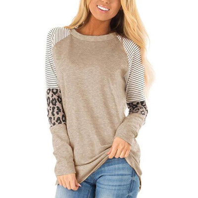 

Fashion Women Autumn Splicing Longline T-Shirt Striped Leopard Print O Neck Long Sleeve Casual Top