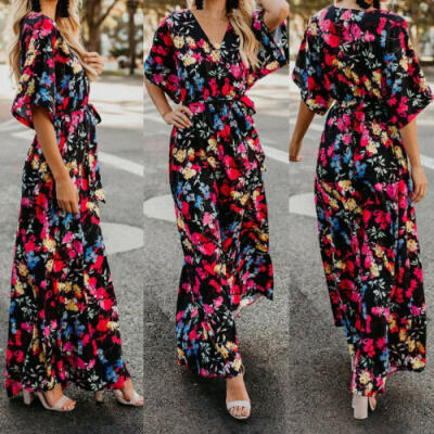 

Womens Summer Boho Floral Short Sleeve Long Maxi Dress Party Beach Sundress USA