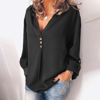 

Autumn Winter Woman Solid Color Button Buckle Seeve Loose Shirt Casual Blouse Fahion