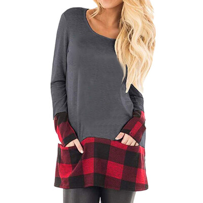 

Nomeni Womens Tops Plaid Splice Hem Round Neck Long Sleeve Cute Tunic Blouse