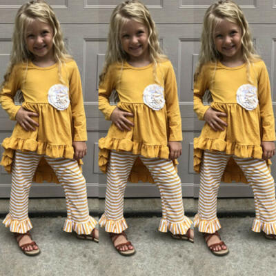 

US Kids Baby Girls Ruffle Tops T shirt Dress Striped Pants Outfits Set Clothes