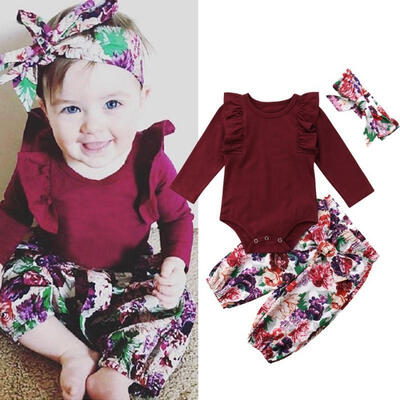 

Newborn Kids Baby Girls Long Sleeve Tops Romper Floral Pants Headbands 3PCS Outfits Set