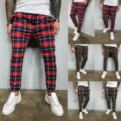 

Fashion Men Plaid Casual Pants Joggers Slim Fit Skinny Casual Pencil Trousers US
