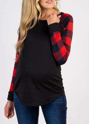 

Maternity Round Neck Plaid Comfy Lactation T-shirt