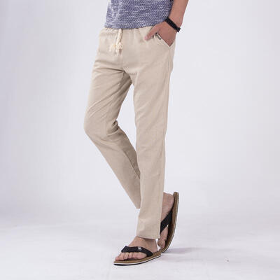 

Mens Linen Pants Casual Loose-fitting Canvas Trousers With Drawcord
