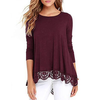 

Hot Round Collar Women Loose Lace Stitching Spring Solid Color Loose Long Sleeve Casual Simple Wild T-Shirt