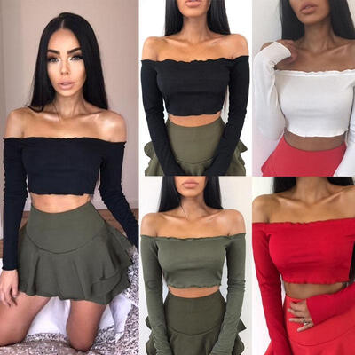 

Sexy Womens Off Shoulder Shirt Crop Tops Long Sleeve Blouse Jumper Vest Cami Tank Top
