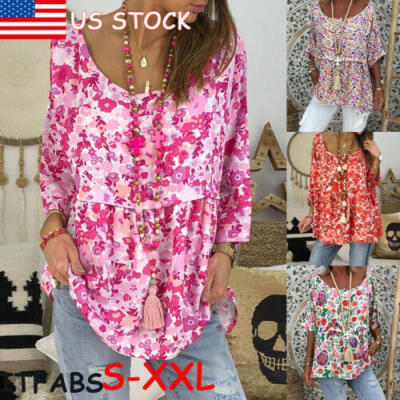 

Womens Floral Print Tops Blouse Summer Short Sleeve T-Shirt Tee Plus Size -XXXL