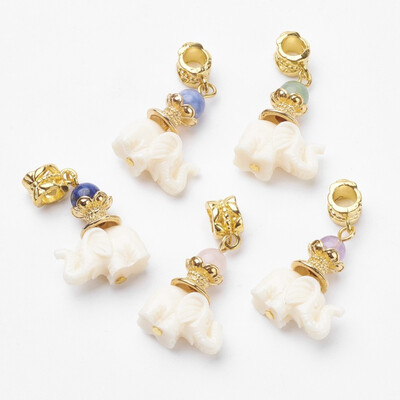

Elephant Resin European Dangle Beads with Natural Mixed Stone Beads&Alloy Hanger Bail Bead Golden 35mm Hole 5mm