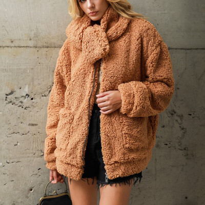 

Fashion Trend Faux Fur Solid Color Womens Coat Loose Casual Detachable Collar Pocket Decoration Coat