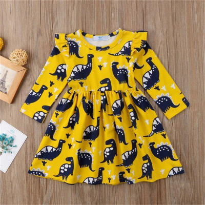 

Toddler Kids Baby Girls Cartoon Long Sleeve Dinosaur Party Pageant Dress Clothes 1-6Y