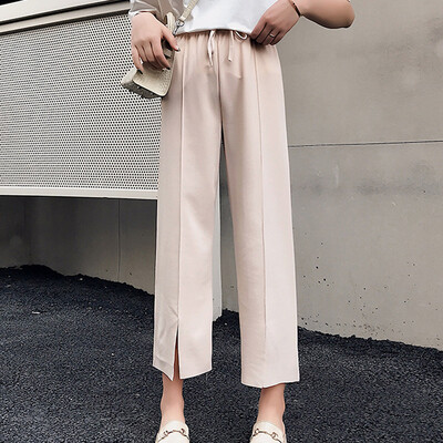 

Tailored Women Casual Solid Color Loose Chiffon High Pant Elastic Waist Ankle-Length Pant