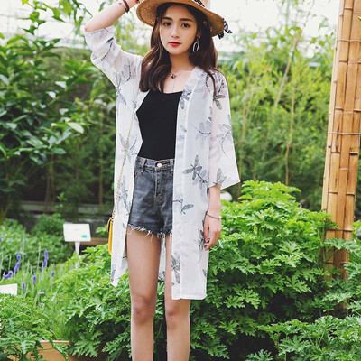 

Long UV-resistant Chiffon Sunscreen Shirt Holiday Style Womens Blouse Beautiful Printed Cardigan Beach Style Three Quarter