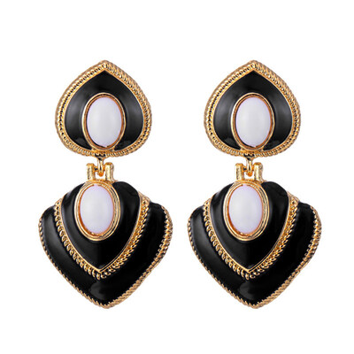 

Vintage Women Faux Gem Inlaid Double Heart Dangle Enamel Earrings Jewelry Gift