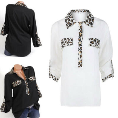 

Women Summer Casual Dress Shirt Leopard Stitching Half Sleeve Shirts Tops Tee