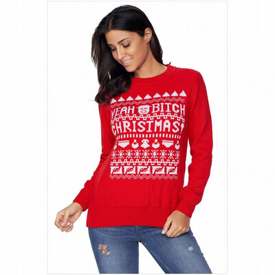 

Round neck long sleeve letter print casual knit sweater womens