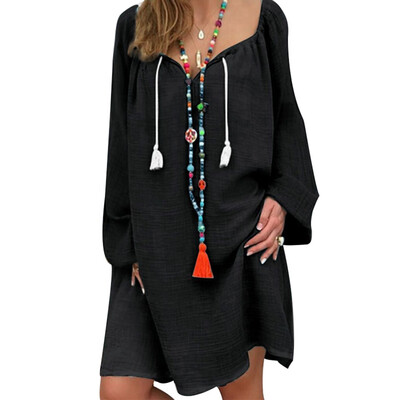 

Women Dress Pure Color Linen Dress Long Sleeve Plus Size Causal Dress For Female