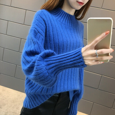 

Autumn Winter Thicken Warm Knitted Sweaters Fashion Lantern Sleeve Turtleneck Sweater Tops Female Casual Loose Basic Pullovers