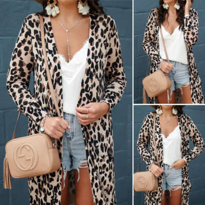 

Womens Long Sleeve Leopard Printed Cardigans Ladies Shirt Long Top Coat Outwear