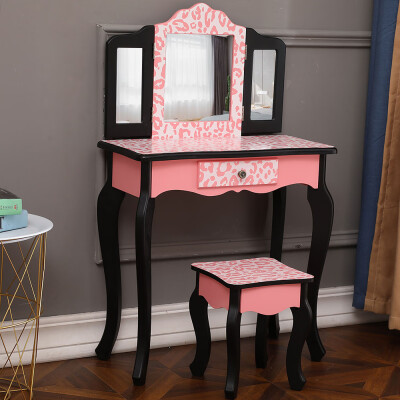 

Three-Fold Mirror Single Drawer Arc Feet Dresser w Stool Bedroom Furniture Pink