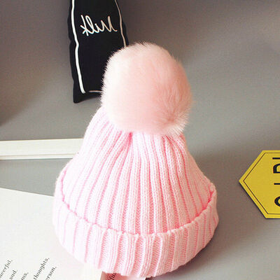 

New Women Kids Baby Mom Warm Winter Knit Beanie Fur Pom Pom Hat Crochet Ski Cap