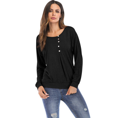 

Round Collar Long Sleeve Button Loose Women T-shirt