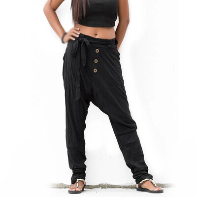 

Ladies Casual Mid Rise Loose Trousers Lace Up Solid Harem Drop Crotch Yoga Pants